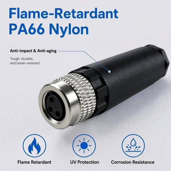 5 stuks M8 ronde connectoren 3-polige A-code, M8 3-polige mannelijke connector, rechte bus IP67 waterdicht PA66 nylon, 8 mm sensorkabelstekker, industriële ronde stekker — afbeelding 5
