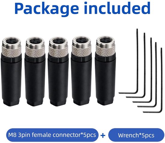 5 stuks M8 ronde connectoren 3-polige A-code, M8 3-polige mannelijke connector, rechte bus IP67 waterdicht PA66 nylon, 8 mm sensorkabelstekker, industriële ronde stekker — afbeelding 3