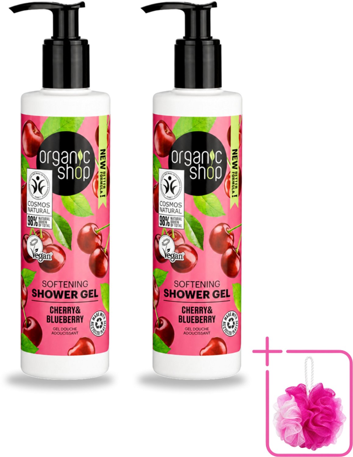 2 x Organic Shop - Douchegel Cherry & Blueberry - Verfrissend en Hydraterend - 280 ml - Bulkverpakking - Douchegel - Douchemop - Natuurlijke douchegel