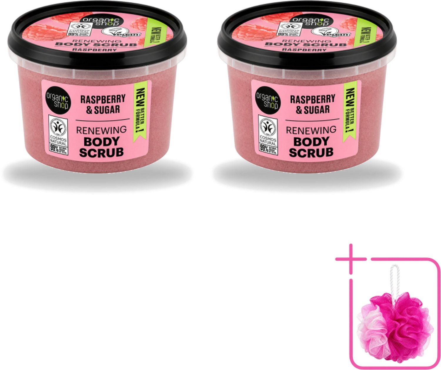 2 x Organic Shop - Organic Raspberry & Sugar Body Scrub - Verfrissend en Peeling - 250 ml - Bulkverpakking - Biologische bodyscrub - Douchemop - Framboos scrub