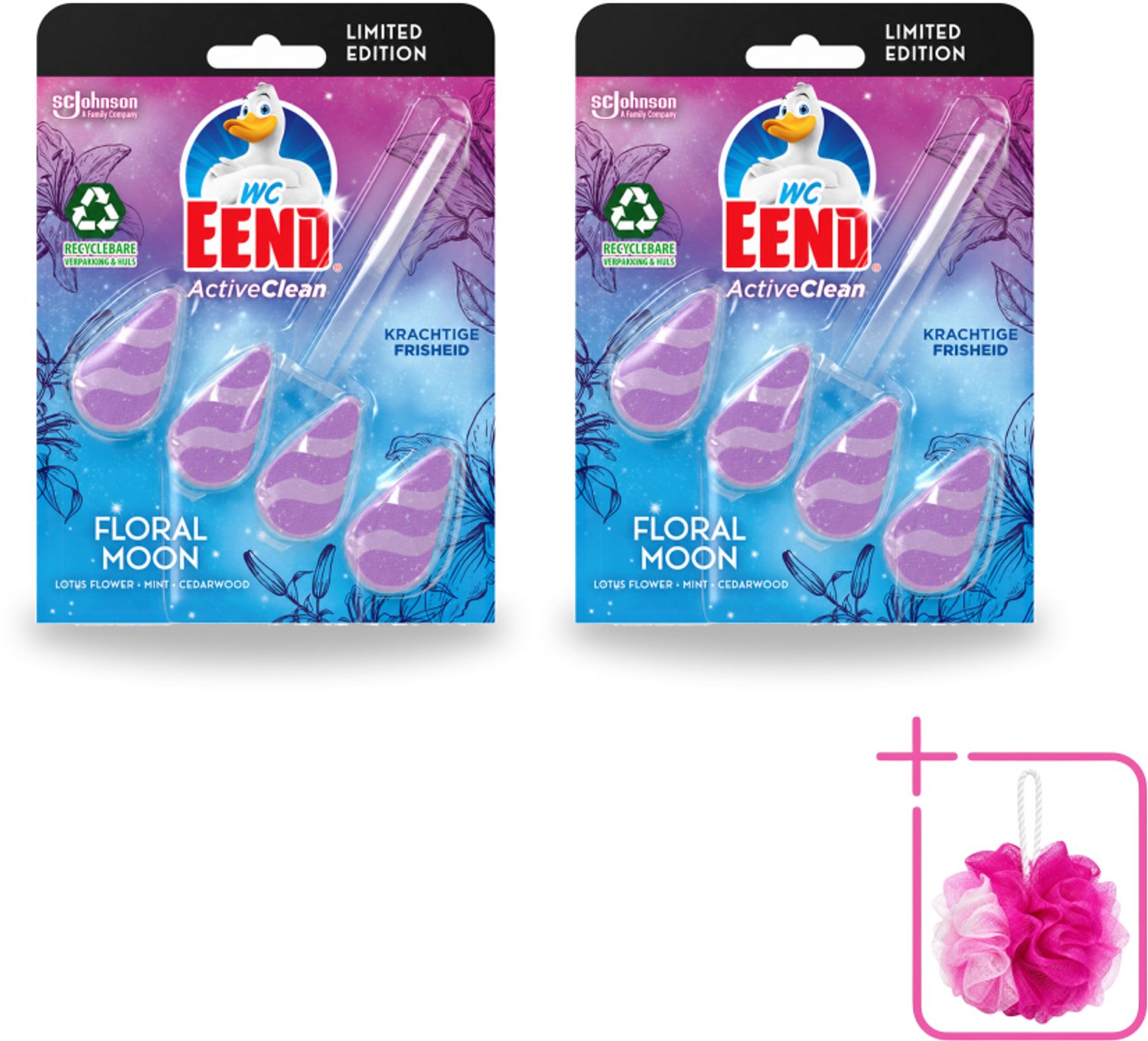2 x WC Eend - Active Clean Floral Moon - Toiletblok - Lotus, Munt & Cederhout Geur - 38 gr - Bulkverpakking - Toiletblok - Douchemop - Geur