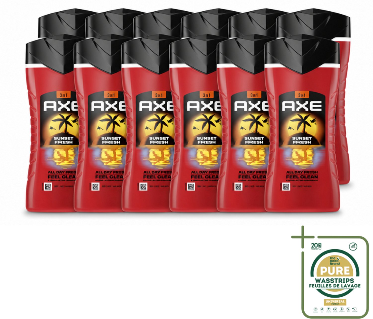 12 x Axe – Douchegel 3-in-1 – Sunset Fresh – 250 ml - Wasstrips - Douchegel - Lichaam Verzorging - Gezicht Verzorging - Haar Verzorging - Frisheid