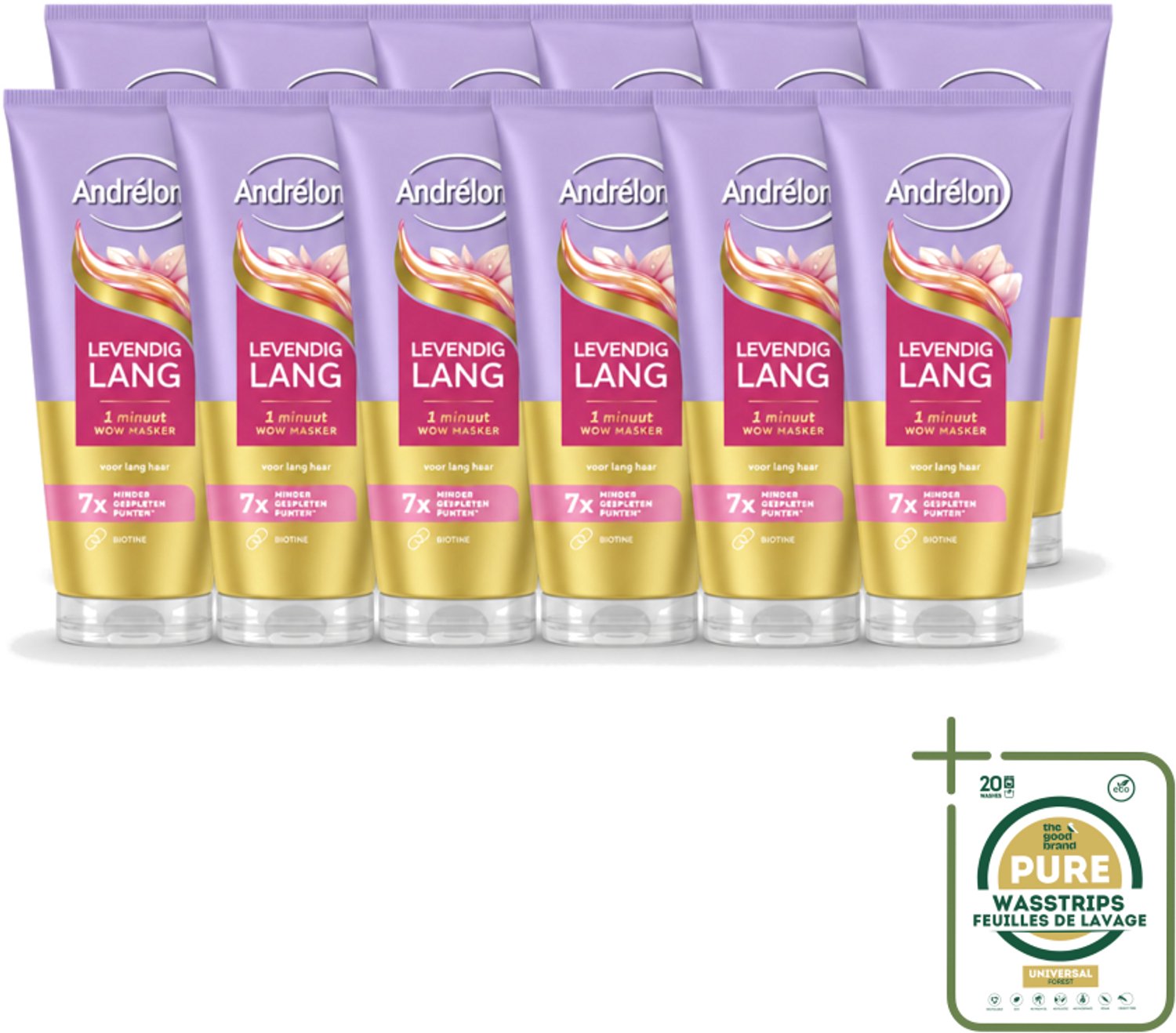 12 x Andrélon – Haarmasker WOW – Levendig Lang – 180 ml - Wasstrips - Haarversterking - Haarverzorging - Haarbreuk - Gespleten Punten - Biotine