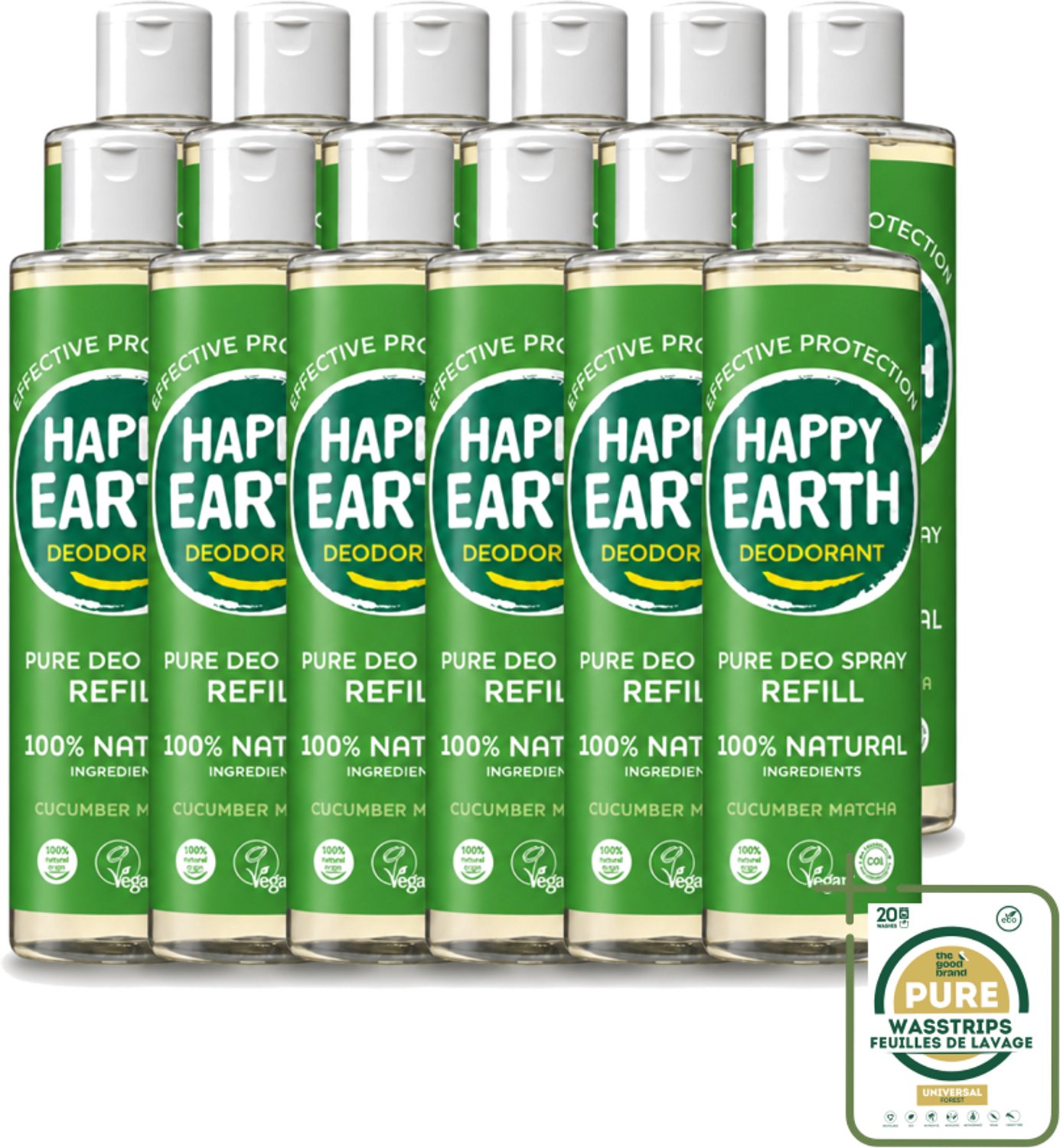 12 x Happy Earth – Deodorant Spray Navulling – 100% Natuurlijk Cucumber Matcha – 300 ml - Deodorant Spray - Natuurlijke Deodorant - Frisse Geur - Komkommer Matcha - Anti-geur