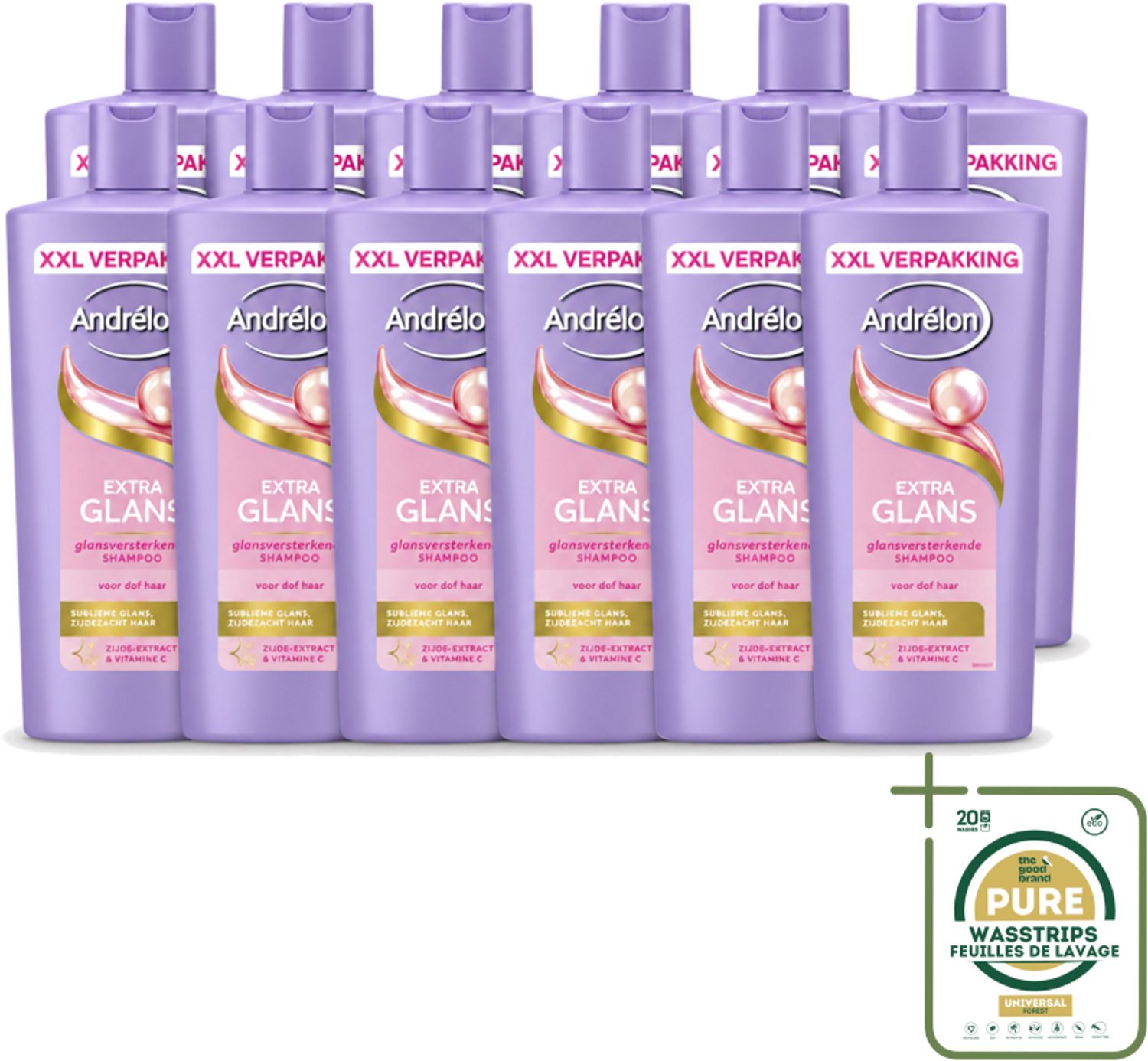 12 x Andrélon – Shampoo – Extra Glans – 685 ml - Wasstrips - Haarverzorging - Glansgevende Shampoo - Dof Haar - Zijde-extract - Vitamine C