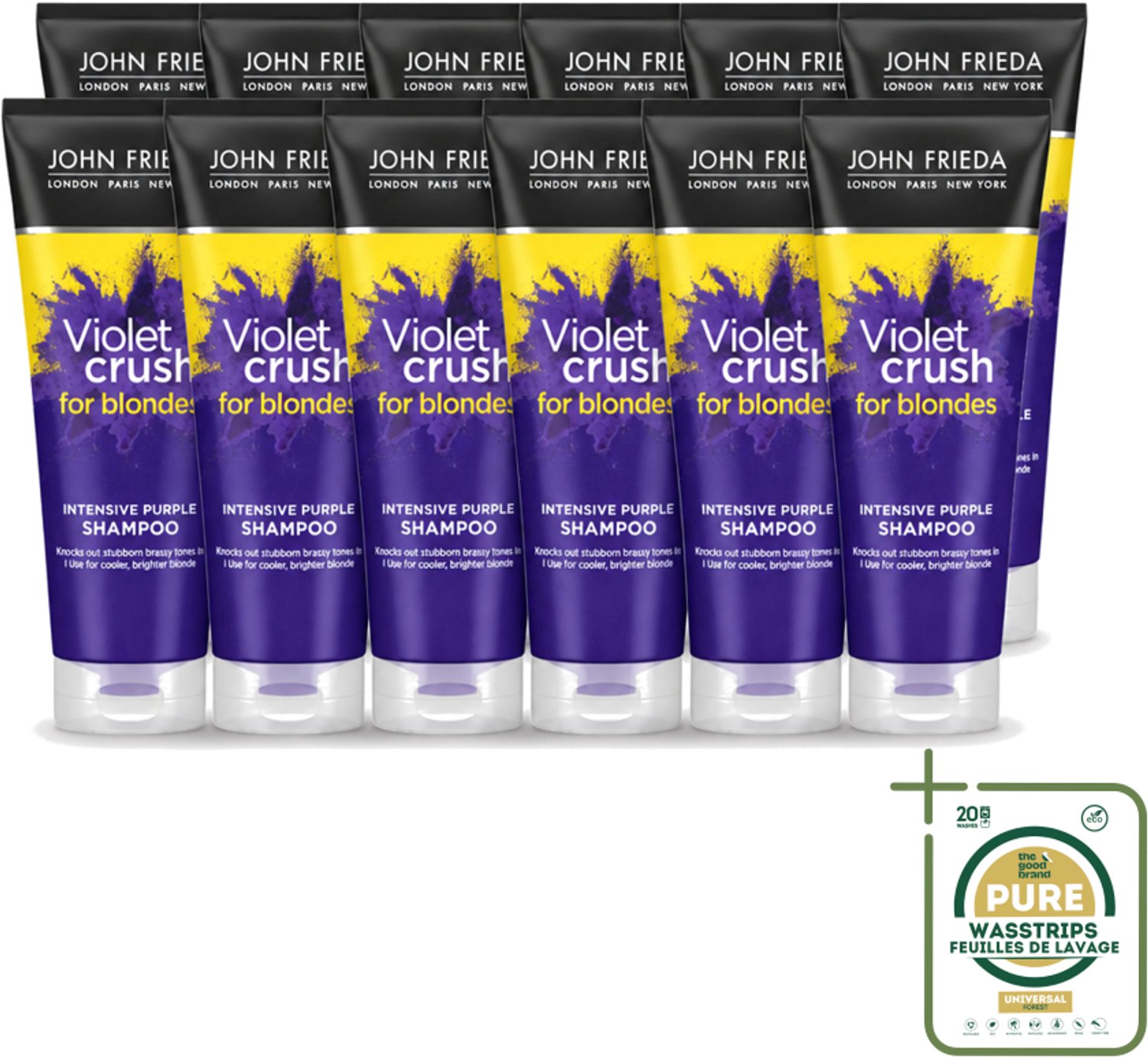 12 x John Frieda – Shampoo – Sheer Blonde Violet Crush Intensive Purple – Tegen gele ondertonen – 250 ml - Wasstrips - Blond Haar - Gele Ondertonen - Oranje Ondertonen - Zilveren Shampoo - Intensieve Kleurcorrectie
