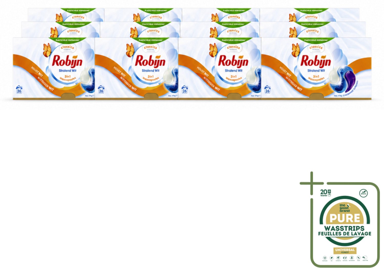12 x Robijn – 3-in-1 Wascapsules – Stralend Wit - 26 Capsules - Wasstrips - Witwas - Wascapsules - Witmakers - Wasverzachter - Wasgeur