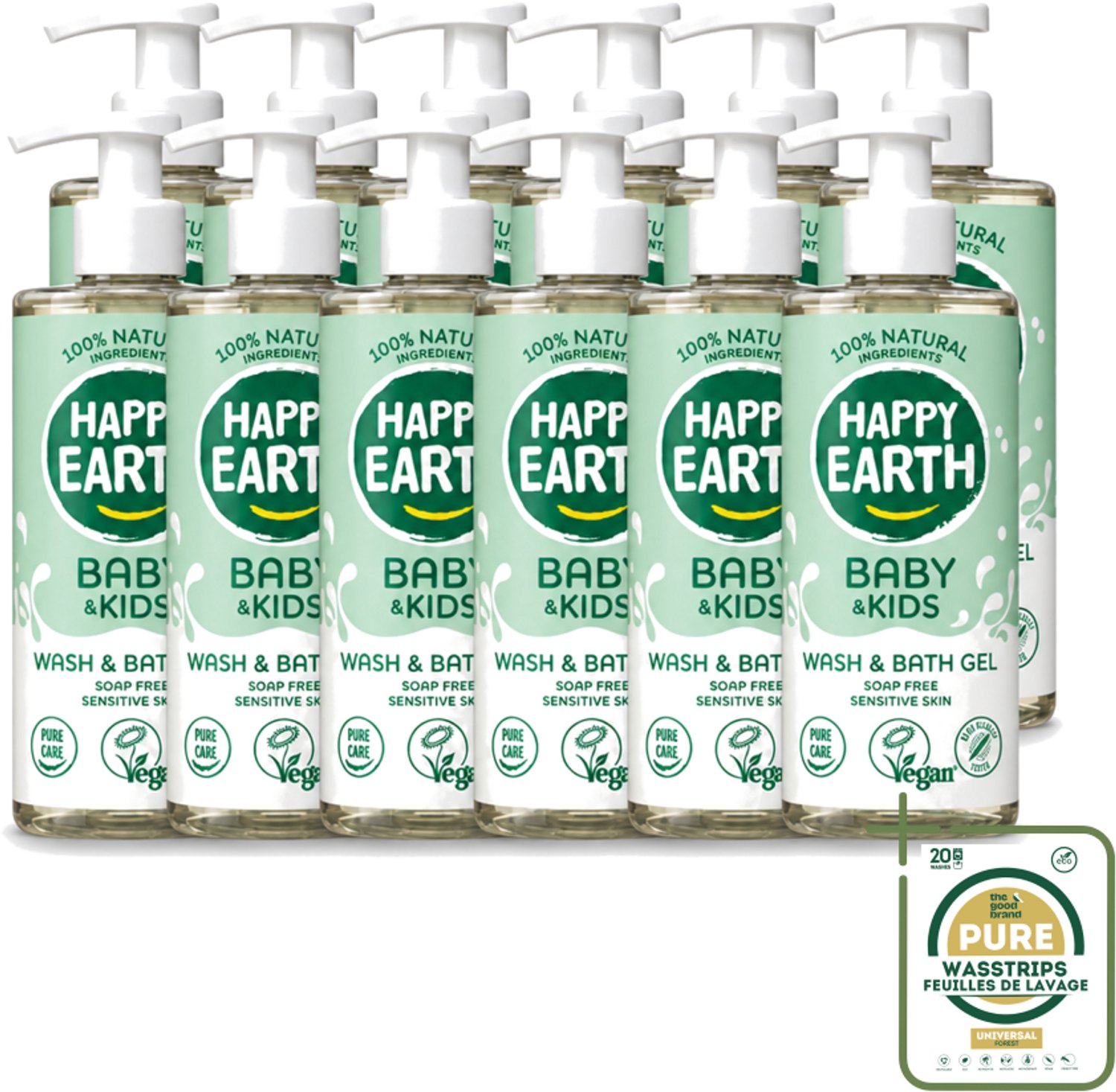 12 x Happy Earth – Was & Badgel – Zeepvrij Baby & Kids – 300 ml - Wasstrips - Babywasgel - Zeepvrij Babywasgel - Huidverzorging - Mild Wasgel - Allergeenvrije Wasgel