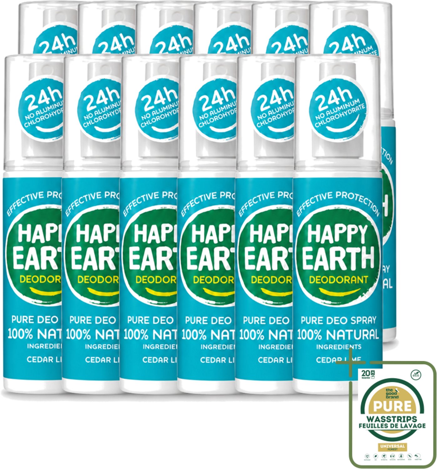 12 x Happy Earth – Deodorant Spray – 100% Natuurlijk Cedar Lime – 100 ml - Wasstrips - Natuurlijke Deodorant Spray - Cedar Lime Geur - Geur Van Ceder En Limoen - Geur Van Cederhout En Limoen - Deodorant Spray