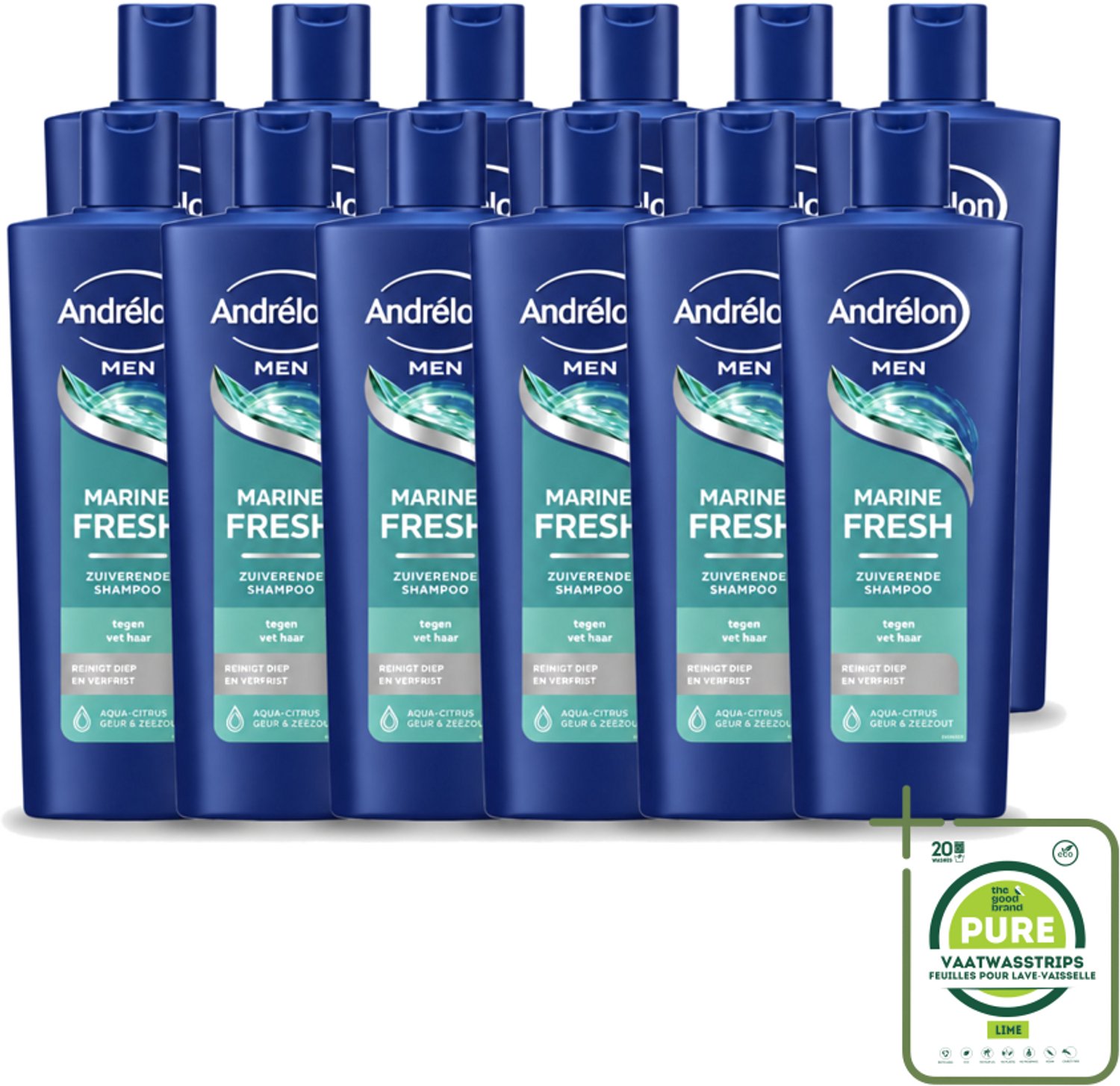 12 x Andrélon – Shampoo – Marine Fresh Men – 400 ml - Grootverpakking - Vaatwasstrips - Mannelijk Haar Reinigen - Vet Haar Verwijderen - Stylingresten Verwijderen - Krachtige Shampoo - Zeezout Shampoo