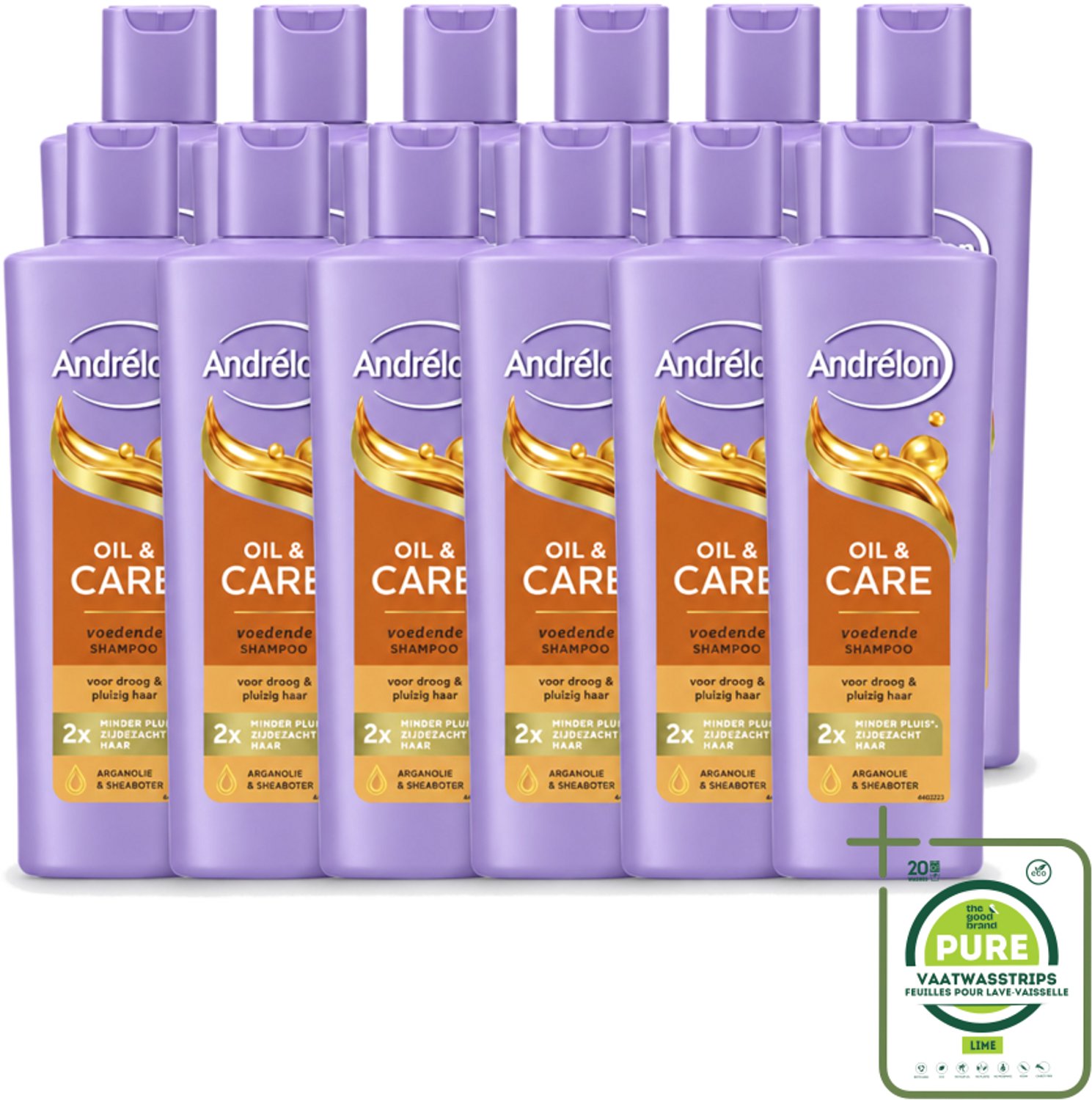 12 x Andrélon – Shampoo – Oil & Care – 250 ml - Grootverpakking - Vaatwasstrips - Droog Haar - Pluis - Haar Verzorging - Haar Voeding - Arganolie