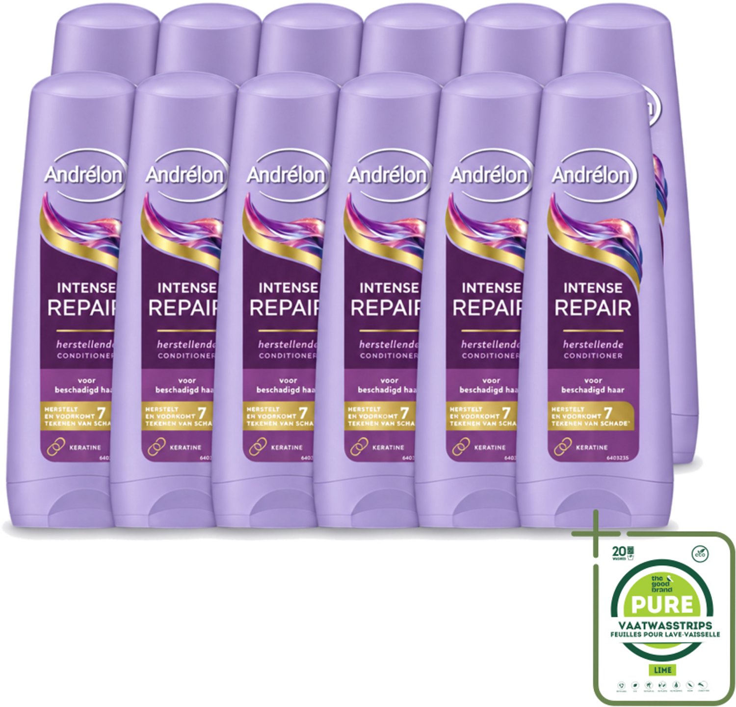 12 x Andrélon – Conditioner – Intense Repair – 200 ml - Grootverpakking - Vaatwasstrips - Haar Herstellen - Haar Beschermen - Haar Versterken - Keratine - Haar Schade