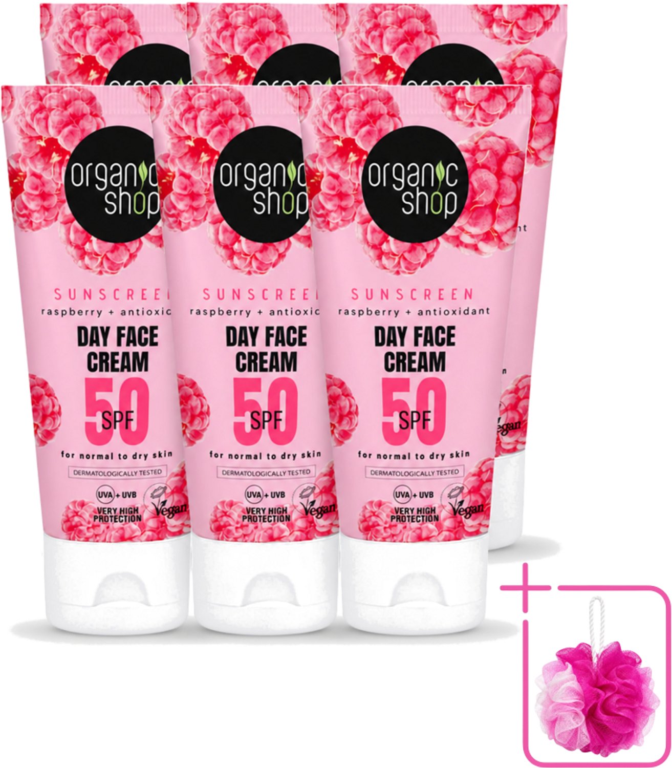 6 x Organic Shop - Zonnebrandcrème Gezicht SPF 50 - Normale Huid - 50 ml - Bulkverpakking - Zonbescherming gezicht - Douchemop - SPF 50