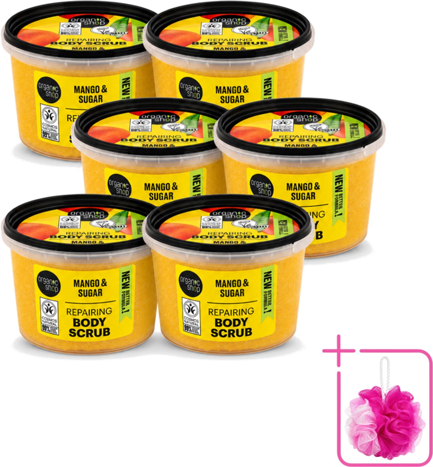 6 x Organic Shop - Organic Mango & Sugar Body Scrub - Peeling en Geur - 250 ml - Bulkverpakking - Organische bodyscrub - Douchemop - Mango scrub