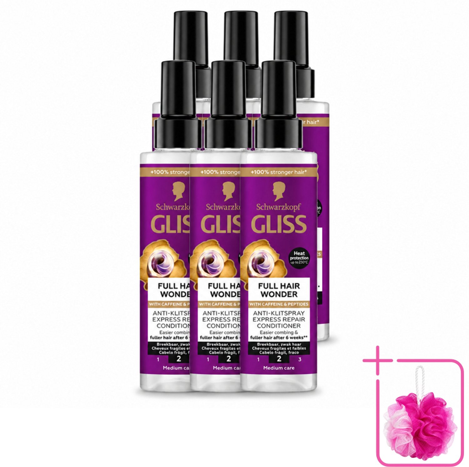 6 x Gliss - Anti-Klit Spray Full Hair Wonder - Voor Voller en Sterker Haar - 200 ml - Bulkverpakking - Haarkleur - Douchemop - Haarkleur