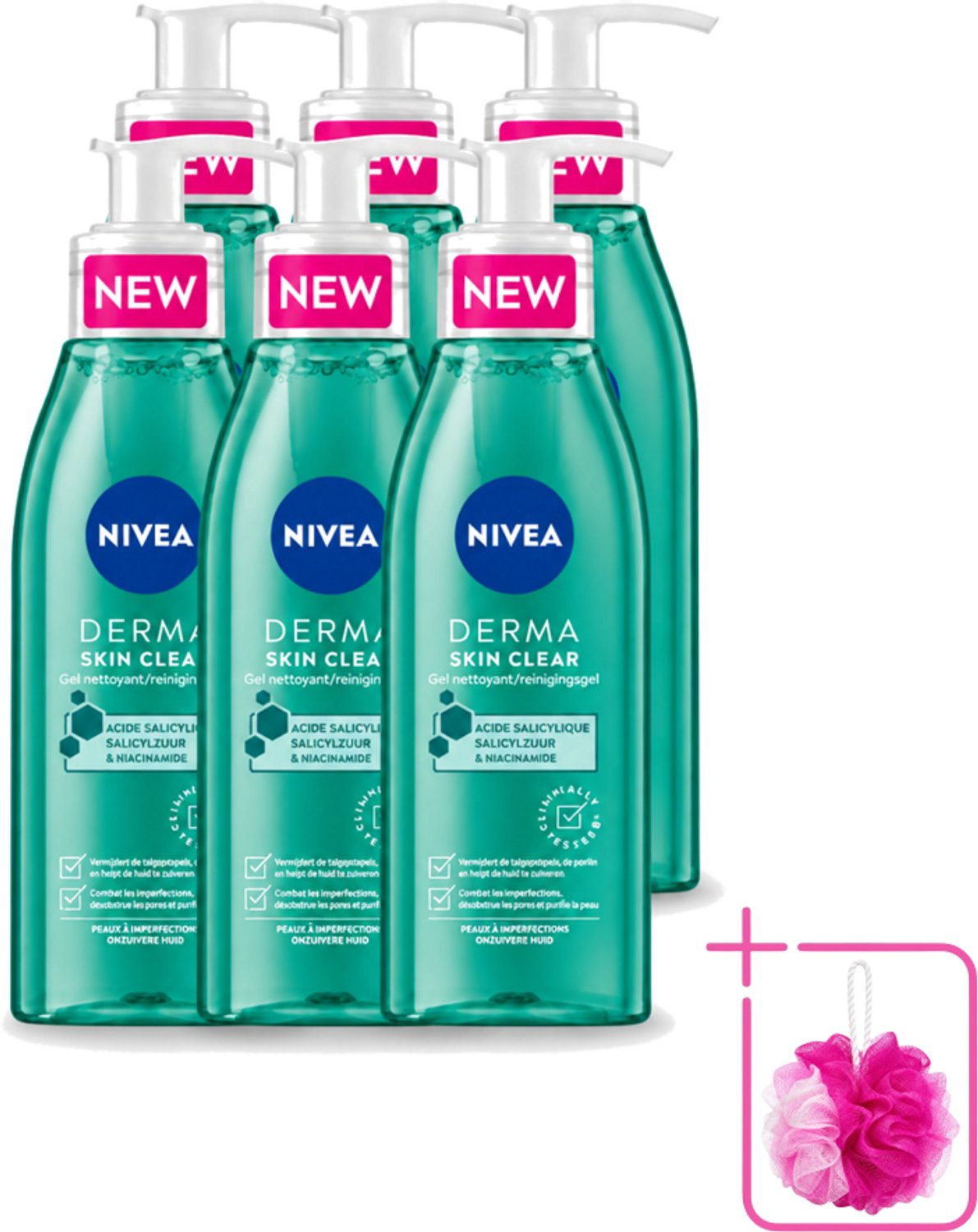 6 x NIVEA - Reinigingsgel - DERMA Huidzuiver - Voor onzuivere huid - Met Salicylzuur (AHA) & Niacinamide - Tegen Acne & Mee-eters - 150 ml - Bulkverpakking - Gezichtsreiniger - Douchemop - Acne huid
