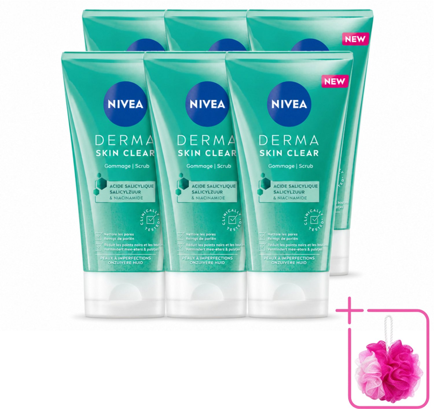 6 x NIVEA - Gezichtsscrub - DERMA Huidzuiver - Voor onzuivere huid - Met Salicylzuur (AHA) & Niacinamide - Tegen Acne & Mee-eters - 150 ml - Bulkverpakking - Gezichtsverzorging - Douchemop - Puistjes