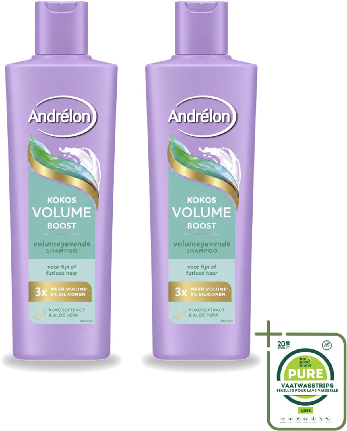 2 x Andrélon – Shampoo – Volume Boost – 250 ml - Grootverpakking - Vaatwasstrips - Haar Volume - Kokos Shampoo - Volume Boost - Fijn Haar - Futloos Haar