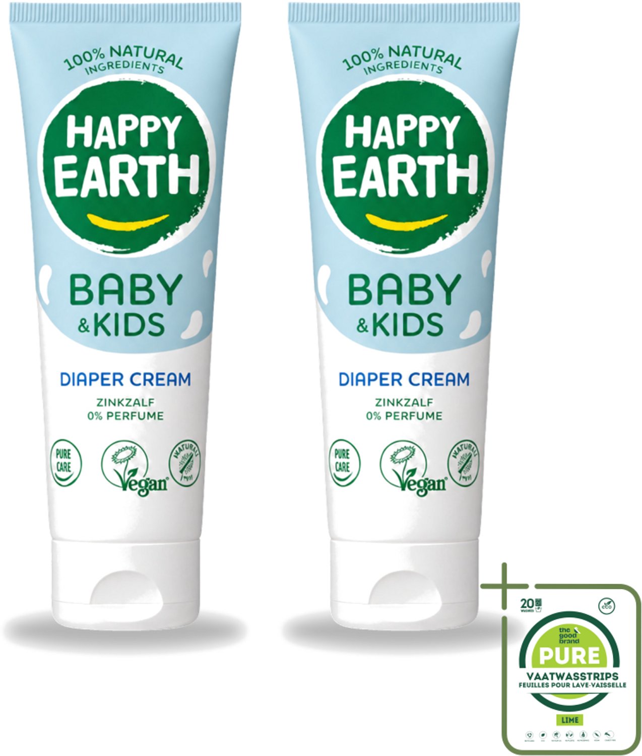2 x Happy Earth – Diaper Cream – 100% Natuurlijk Baby & Kids – 75 ml - Grootverpakking - Vaatwasstrips - Babybillenbescherming - Luieruitslag Voorkomen - Zachte Babyhuid - Zinkoxide Crème - Natuurrustende Crème
