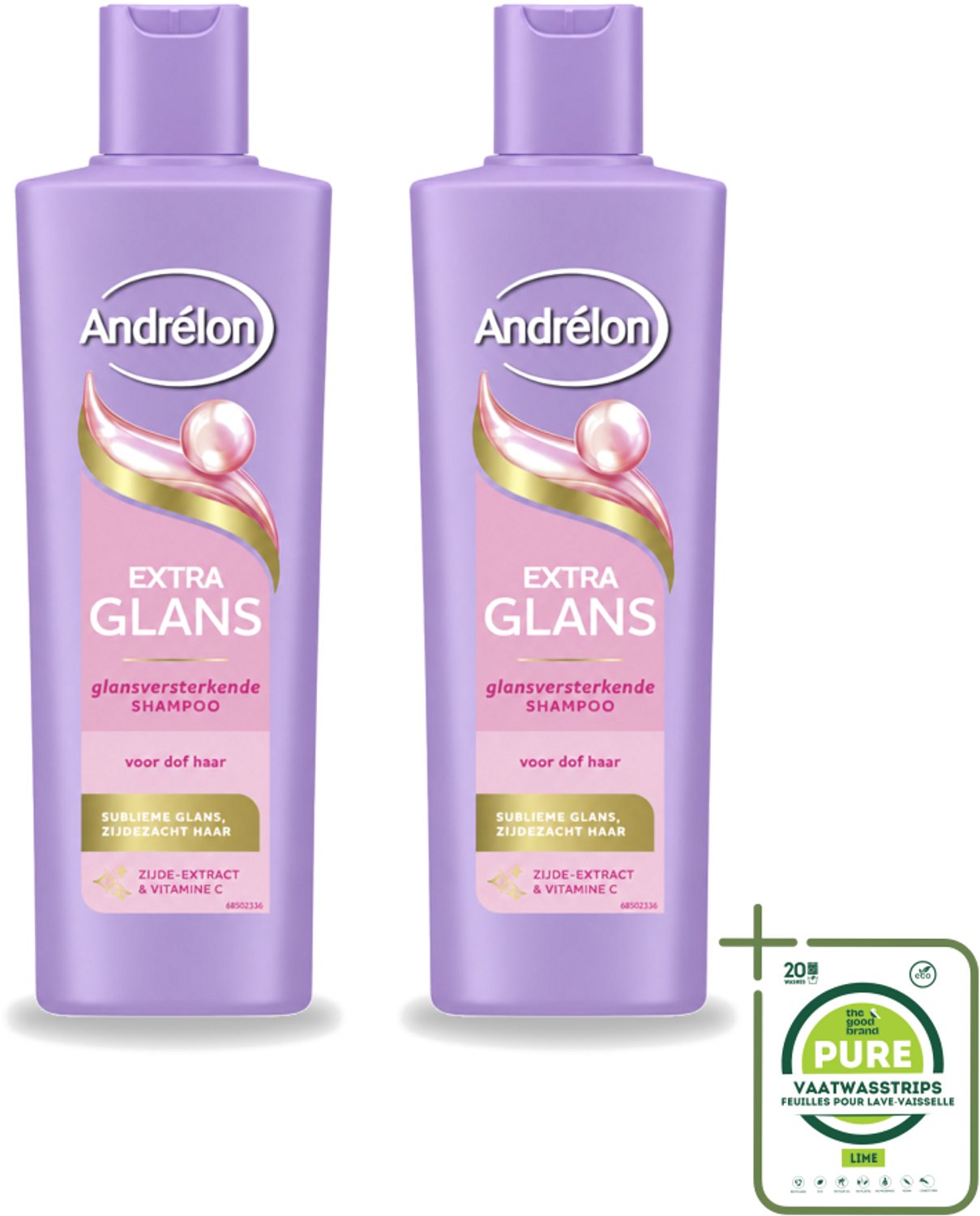 2 x Andrélon – Shampoo – Extra Glans – 250 ml - Grootverpakking - Vaatwasstrips - Glans Haar - Stralend Haar - Zacht Haar - Verzorgd Haar - Dof Haar