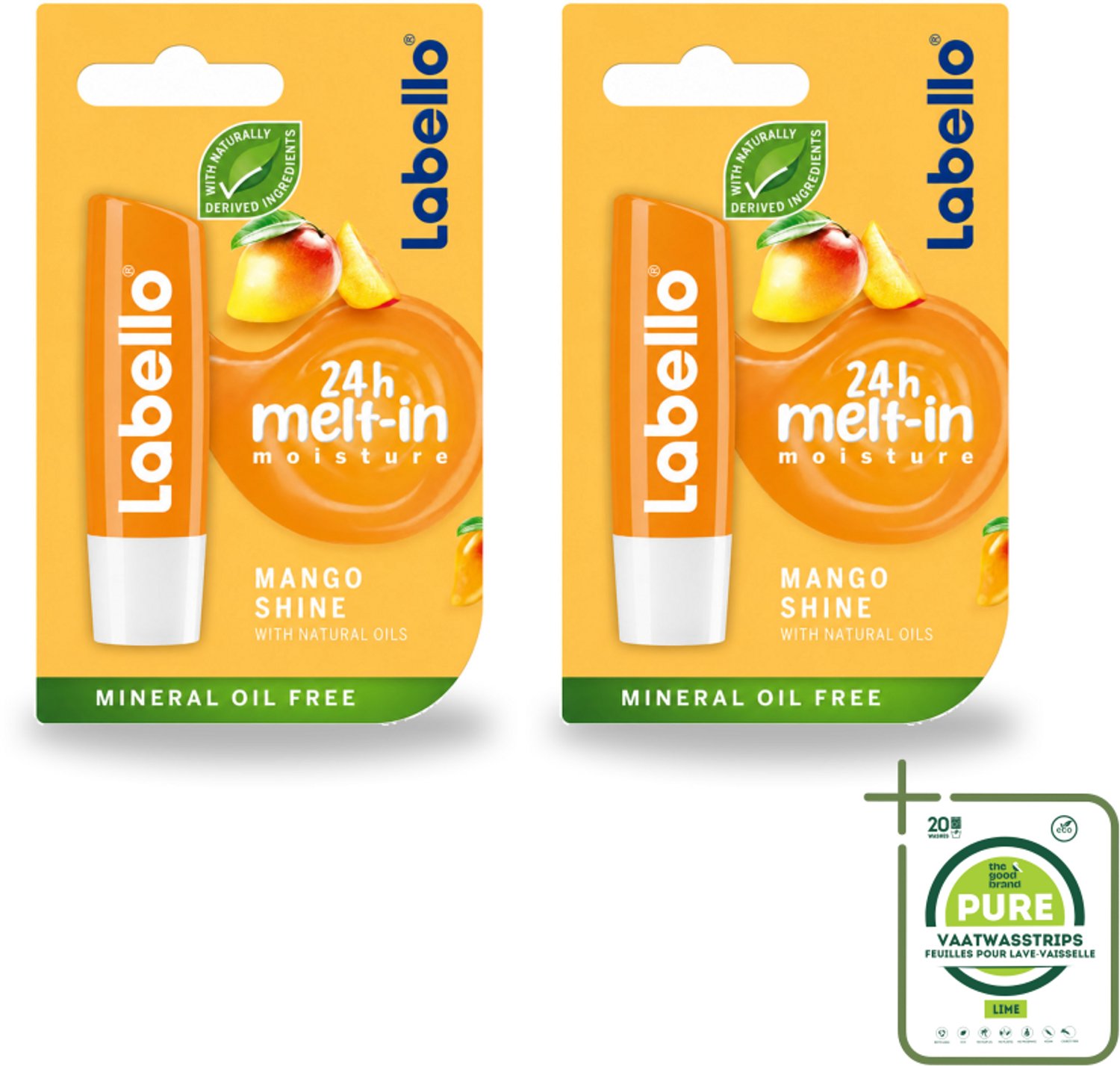 2 x Labello – Lippenbalsem -- Mango Shine – 4,8 g - Grootverpakking - Vaatwasstrips - Lippenbalsem - Mango Geur - Hydratatie - Natuurlijke Glans - Verzorging