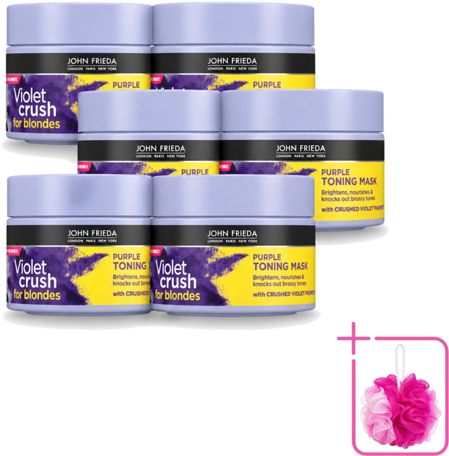 6 x John Frieda – Haarmasker – Violet Crush Purple Toning – Neutraliseert gele tonen – 250 ml - Bulkverpakking - Gele tonen neutraliseren - Douchemop - Koele blonde tint
