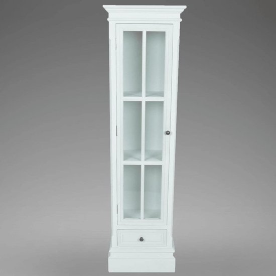 Vintage rek met glazen deur en lade, organizer met 3 planken voor kantoor, woonkamer of slaapkamer, wit meubelstuk met antieke afwerking en stijl — afbeelding 5