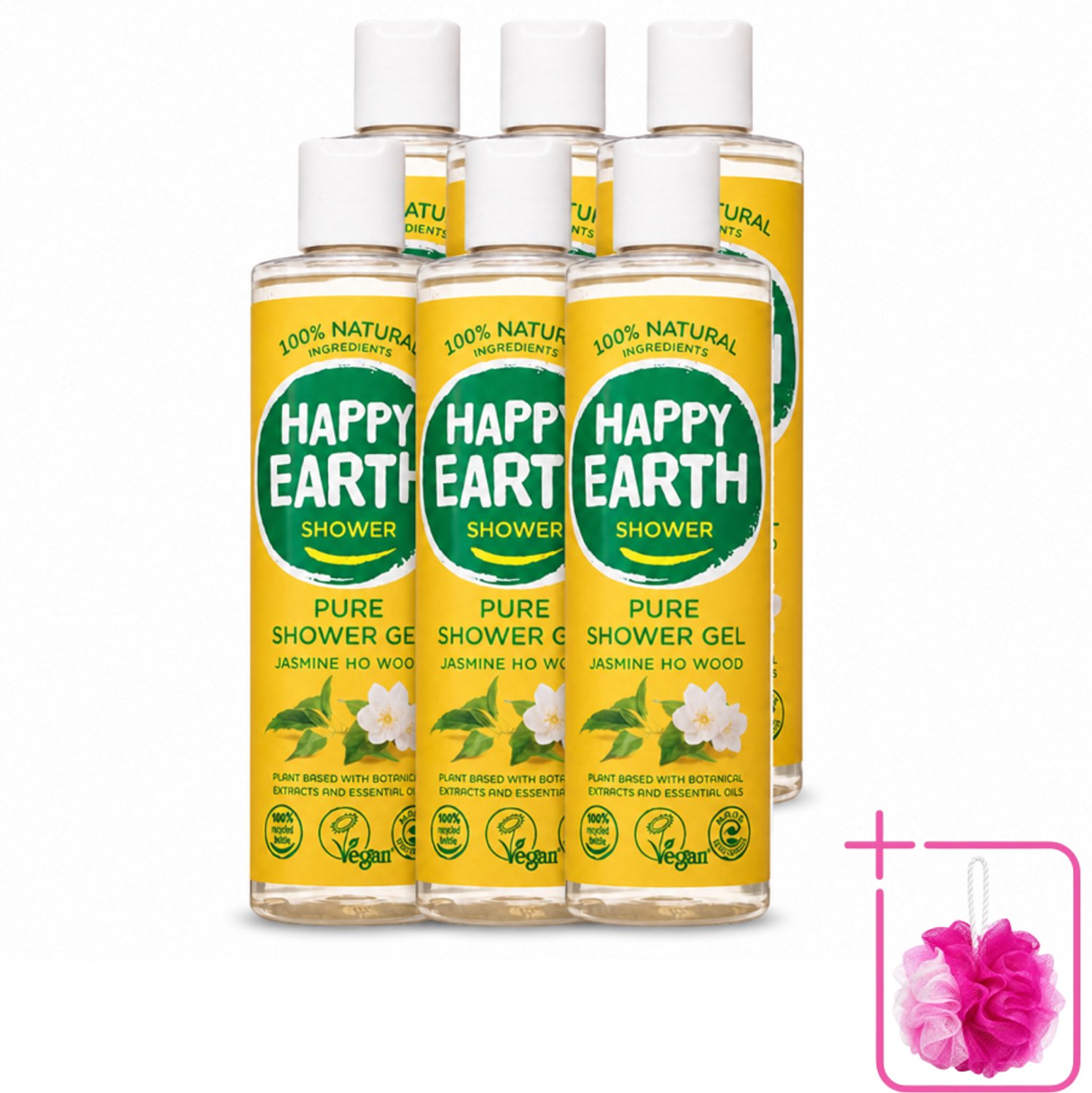 6 x Happy Earth – Douchegel – 100% Natuurlijk Jasmine Ho Wood – 300 ml - Bulkverpakking - Natuurlijke douchegel - Douchemop - Jasmijn en ho wood