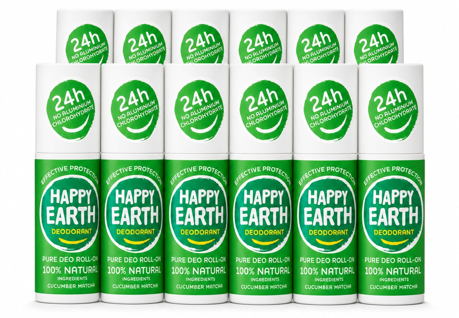 12 x Happy Earth – Deodorant Roll-On – 100% Natuurlijk Cucumber Matcha – 75 ml - Voordeelverpakking - 12 stuks