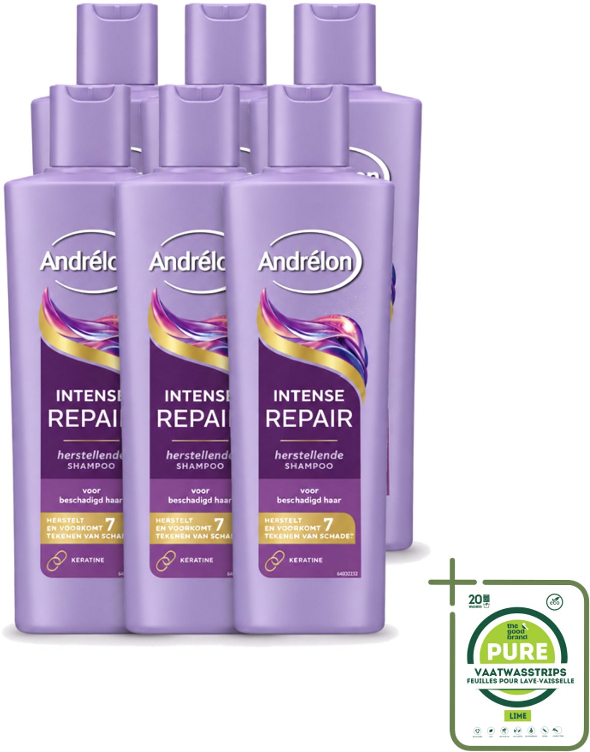 6 x Andrélon – Shampoo – Intense Repair – 250 ml - Grootverpakking - Vaatwasstrips - Haar Herstellen - Beschadigd Haar - Keratine Shampoo - Haar Beschermen - Haar Herstel