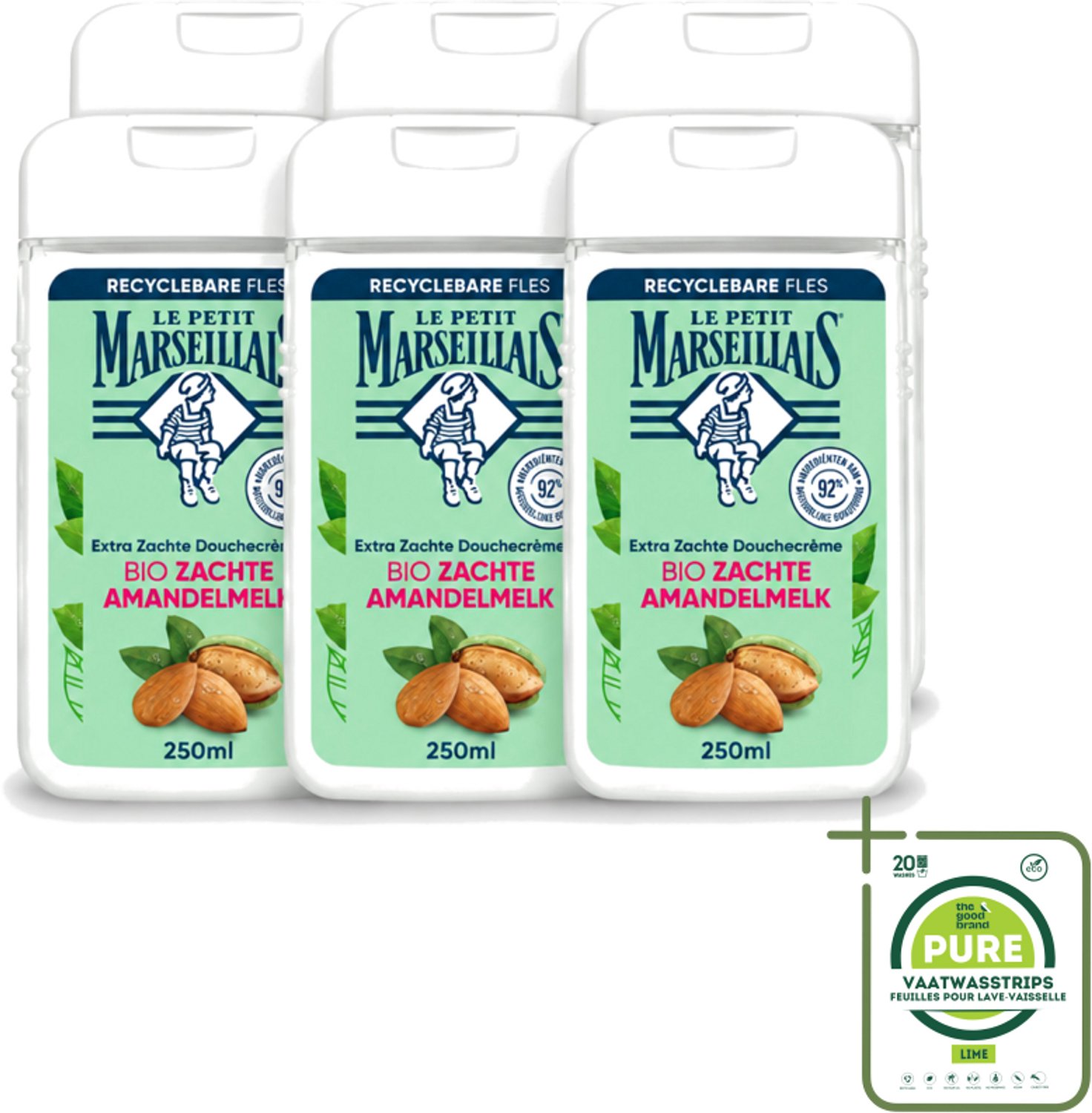 6 x Le Petit Marseillais – Douchecrème – Zoete Amandel – Hydraterend – 250 ml - Grootverpakking - Vaatwasstrips - Douchecrème - Amandel - Hydraterend - Voedend - Zachte Reiniging