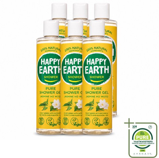 Zes flessen Happy Earth douchegel met jasmijn en ho wood, naast een verpakking Pure vaatwasstrips met limoengeur.