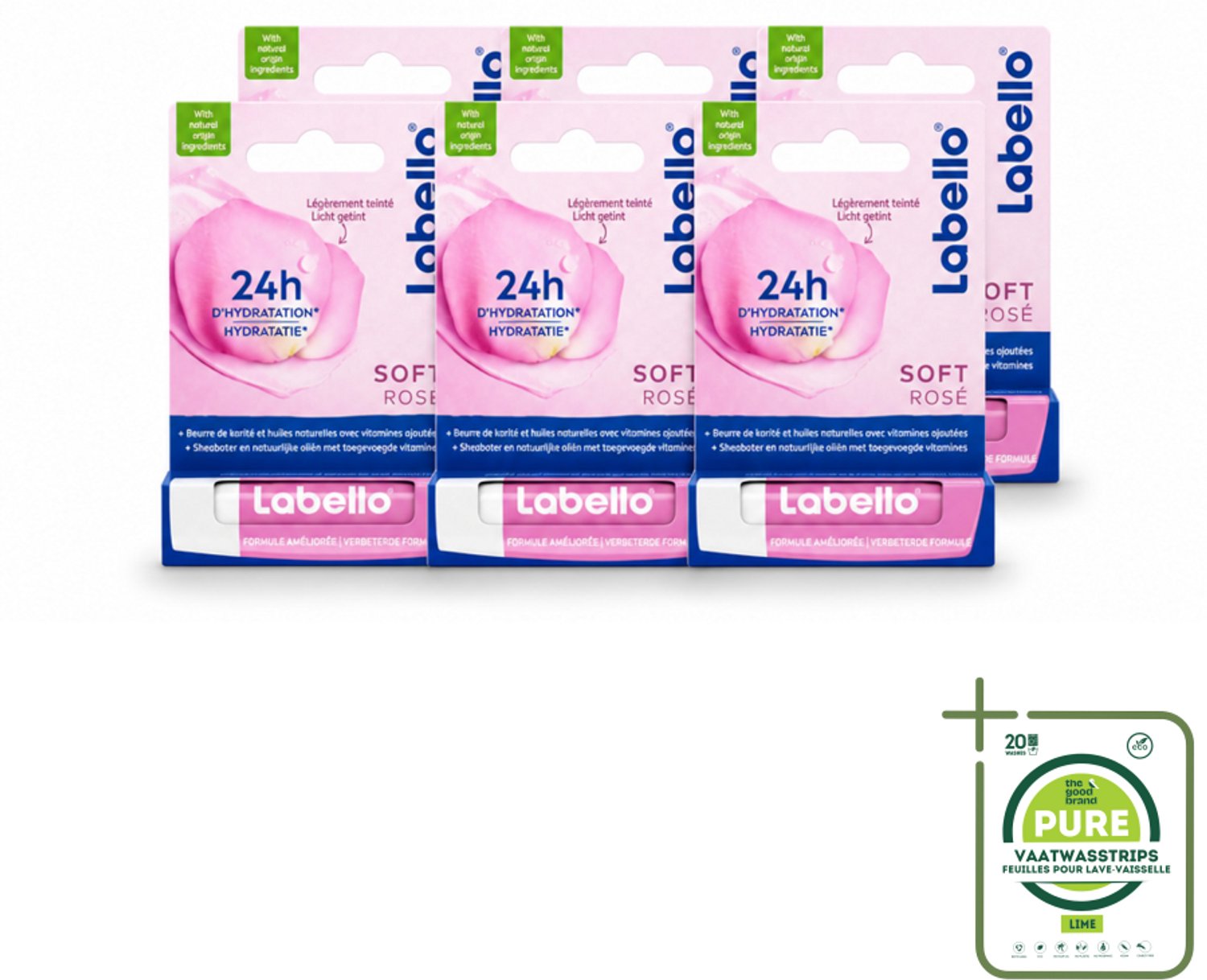 6 x Labello – Lippenbalsem – Soft Rosé – Lippenbalsem – 24H Hydratatie - Grootverpakking - Vaatwasstrips - Hydraatende Lippenbalsem - Roze Lippenbalsem - Natuurlijke Lippenverzorging - Lippenhydratatie - Rozenextract