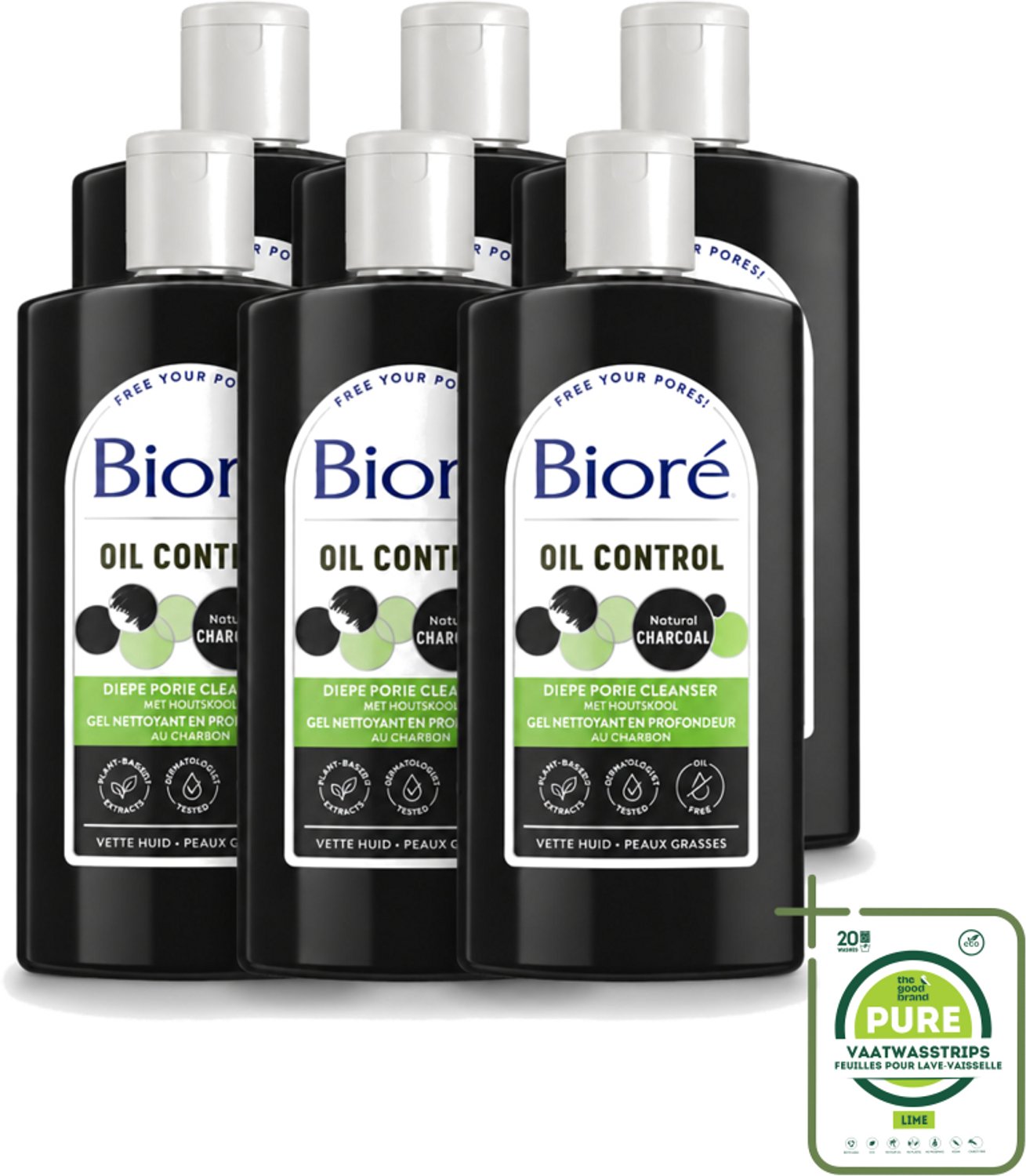 6 x Bioré – Houtskool Reinigingsgel – Gezichtsreiniger – 200 ml - Grootverpakking - Vaatwasstrips - Gezichtsreiniger - Houtskool - Diepe Reiniging - Vet Huid - Gecombineerde Huid