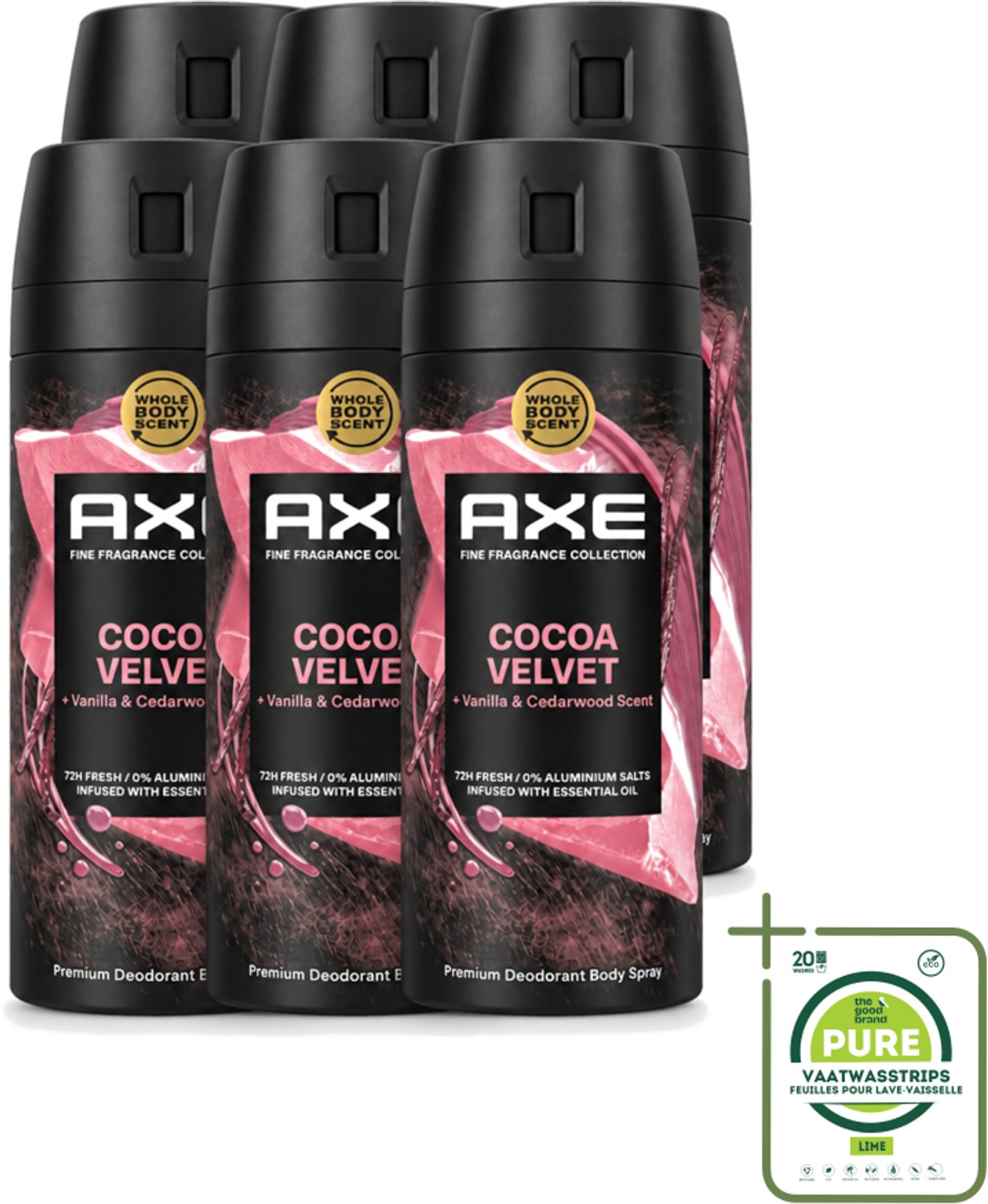 6 x Axe – Deodorant – Cocoa Velvet – 150 ml - Grootverpakking - Cocoa Velvet - Deodorant Bodyspray - Frisheid - Geur - Lichaamsgeur