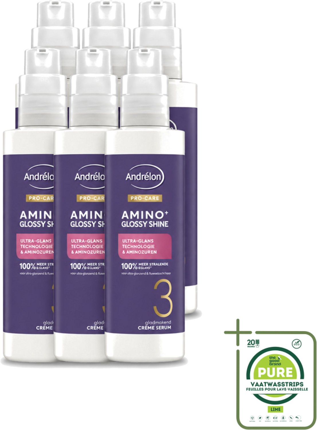 6 x Andrélon – Crème Serum – Pro Care Amino+ Glossy Shine – 200 ml - Grootverpakking - Vaatwasstrips - Glans Haar - Glad Haar - Stralend Haar - Aminozuren Haar - Haar Verzorging