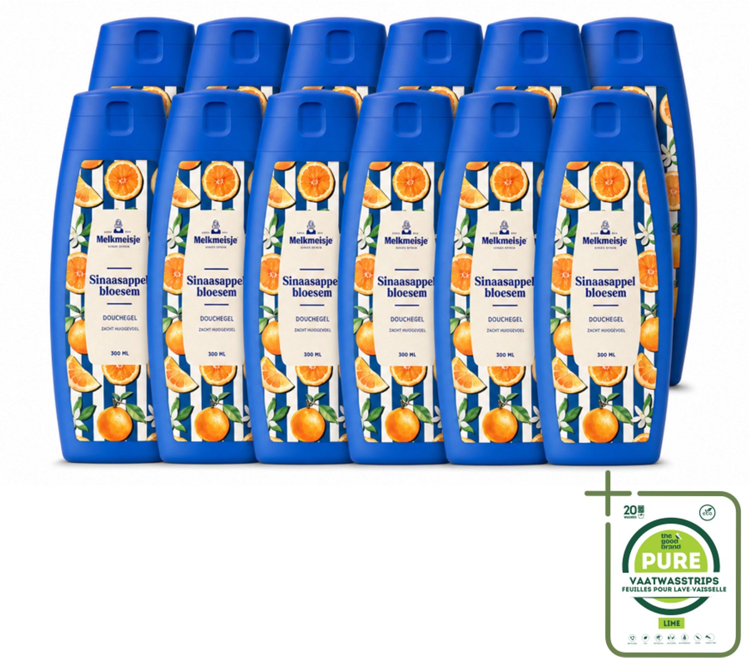 12 x Melkmeisje – Douchegel – Sinaasappelbloesem – 300 ml - Grootverpakking - Vaatwasstrips - Douchegel Sinaasappel - Douchegel Sinaasappelbloesem - Fris Huidgevoel - Zachte Huidverzorging - PH-huidneutraal