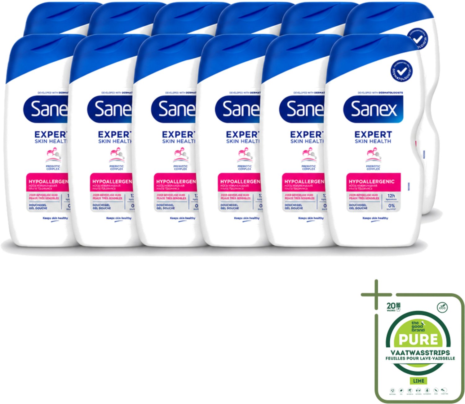 12 x Sanex – Douchegel – Expert Skin Health Hypoallergeen – 400 ml - Grootverpakking - Vaatwasstrips - Gevoelige Huid - Hypoallergenisch - Douchegel - Huidbarrière - Pre- En Postbiotica