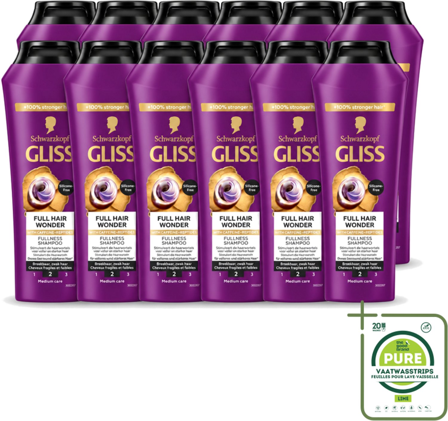 12 x Gliss Shampoo Full Hair Wonder - 250 ml - Grootverpakking - Vaatwasstrips - Haarversterkend Shampoo - Volume Voor Dun Haar - Biotine Shampoo - Peptiden Voor Haar - Gezond Haar