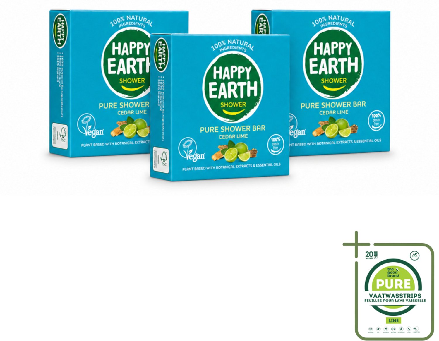 3 x Happy Earth – Shower Bar – 100% Natuurlijk Cedar Lime – 90 g - Grootverpakking - Vaatwasstrips - Douchebar - Natuurlijke Douche - Ceder En Limoen - Sheaboter - Amandelolie
