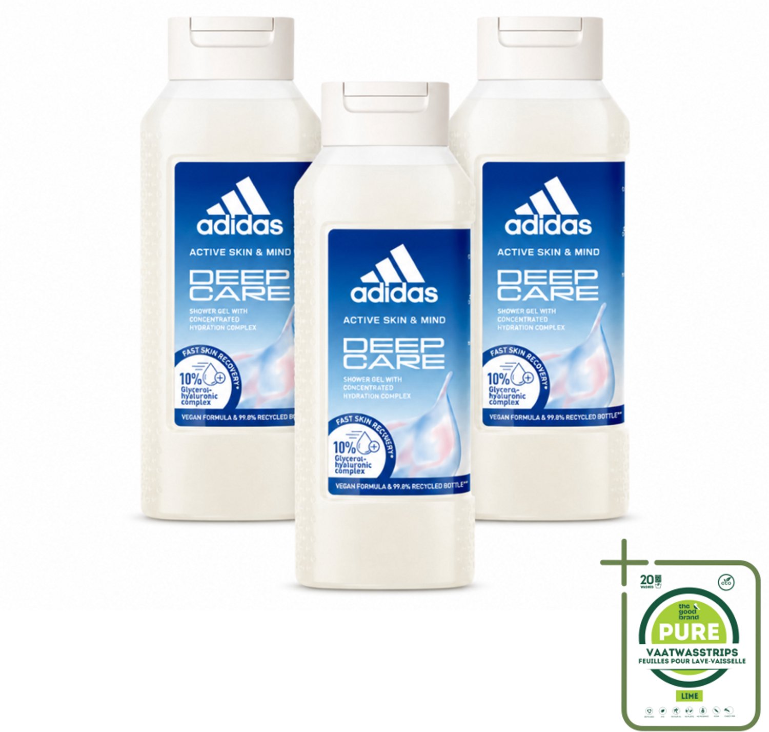 3 x Adidas – Douchegel – Active Skin & Mind Deep Care – 250 ml - Grootverpakking - Vaatwasstrips - Hydratatie Na Sport - Huid Verzorging - Douchegel - Actieve Huid - Vegan Douchegel