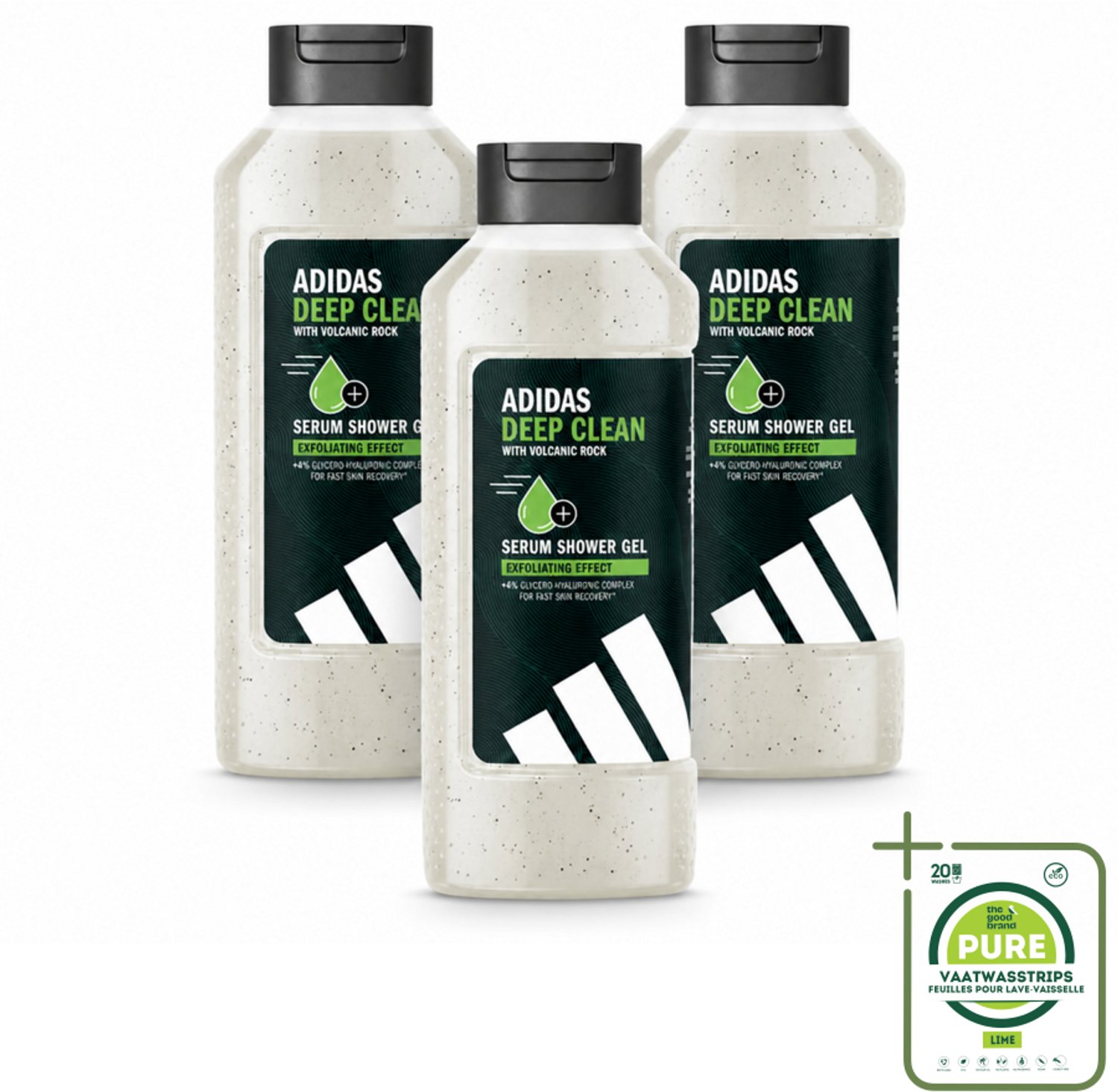 3 x Adidas – Douchegel – Active Skin & Mind Deep Clean – 400 ml - Grootverpakking - Vaatwasstrips - Douchegel - Reinigen Na Training - Exfoliëren - Huid Reinigen - Vulkanische Steen