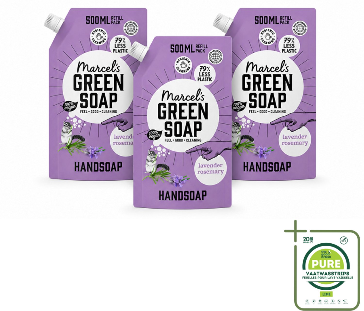 3 x Marcel’s Green Soap – Handzeep Navulling – Lavendel & Rozemarijn – 500 ml - Grootverpakking - Vaatwasstrips - Handzeep - Natuurlijke Handzeep - Plantaardige Handzeep - Lavendel Handzeep - Rozemarijn Handzeep