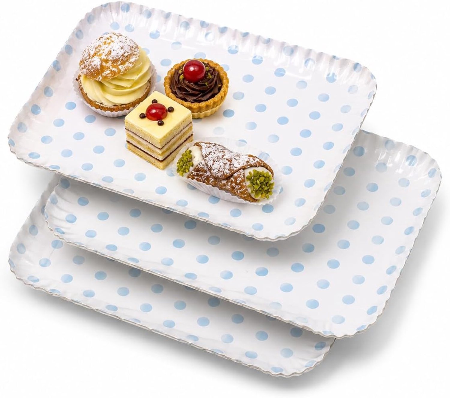 Trays voor taarten en gebak van papier, thema blauwe stippen, multisize, set van 3, 20 x 28 cm, voor het vervoer van snoep en gasten (3 stuks 20 x 28 cm)