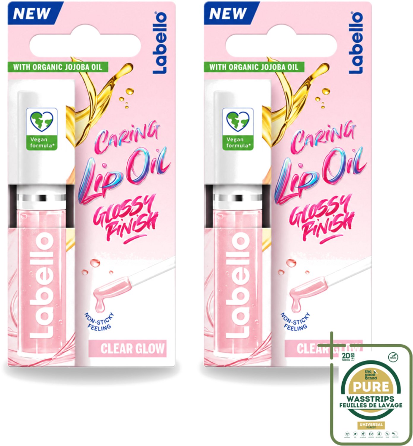 2 x Labello –Caring Lip Oil – Clear Glow – 5,5 ml - Wasstrips - Lippenbalsem - Lipolie - Glans - Verzorging - Vegan Lippenbalsem