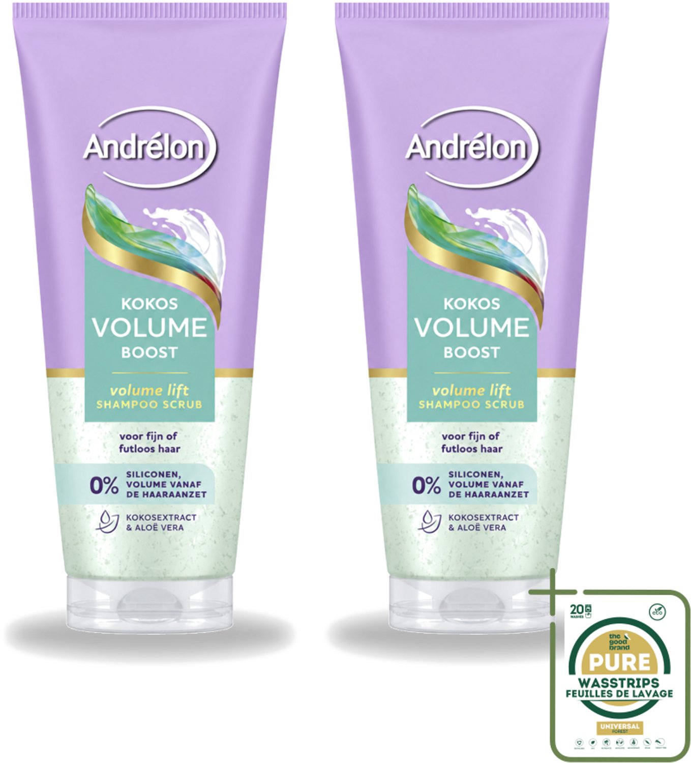 2 x Andrélon – Shampoo Scrub – Kokos Volume Boost – 200 ml - Wasstrips - Haarvolume - Kokos Shampoo - Haarverzorging - Exfoliatie - Fris Haar