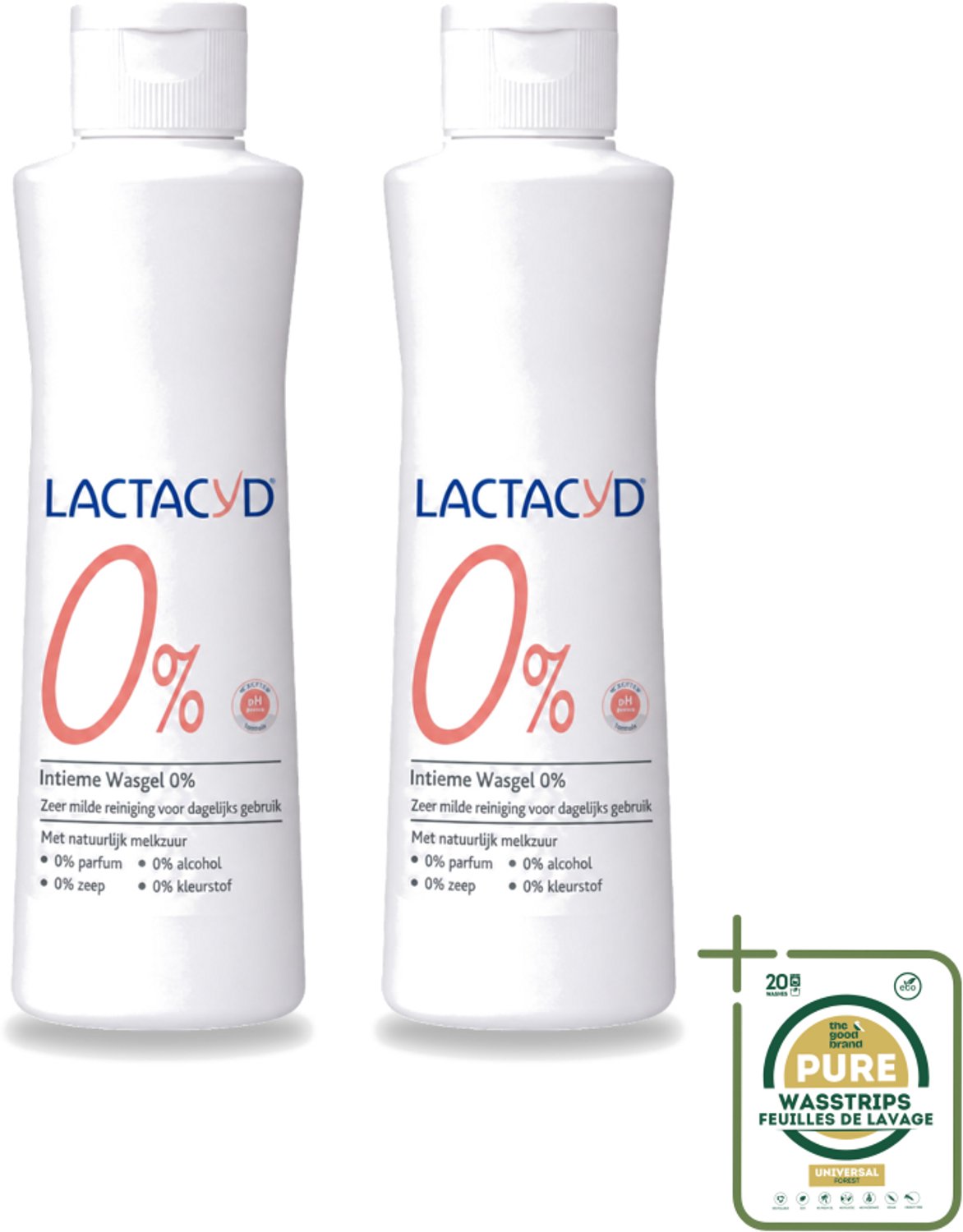2 x Lactacyd – 0% – Milde Wasgel – 250 ml - Wasstrips - Intieme Wasgel - Gevoelige Huid - PH-vriendelijk - Zeepvrij - 0% Parfum