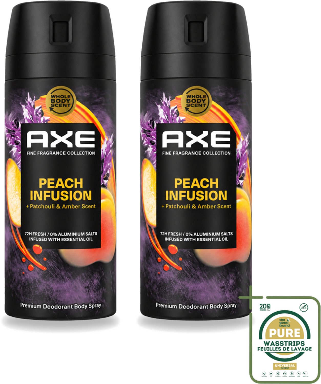 2 x Axe – Deodorant – Peach Infusion – 150 ml - Wasstrips - Deodorant - Bodyspray - Lichaamsgeur - Anti-perspirant - Patchoeli