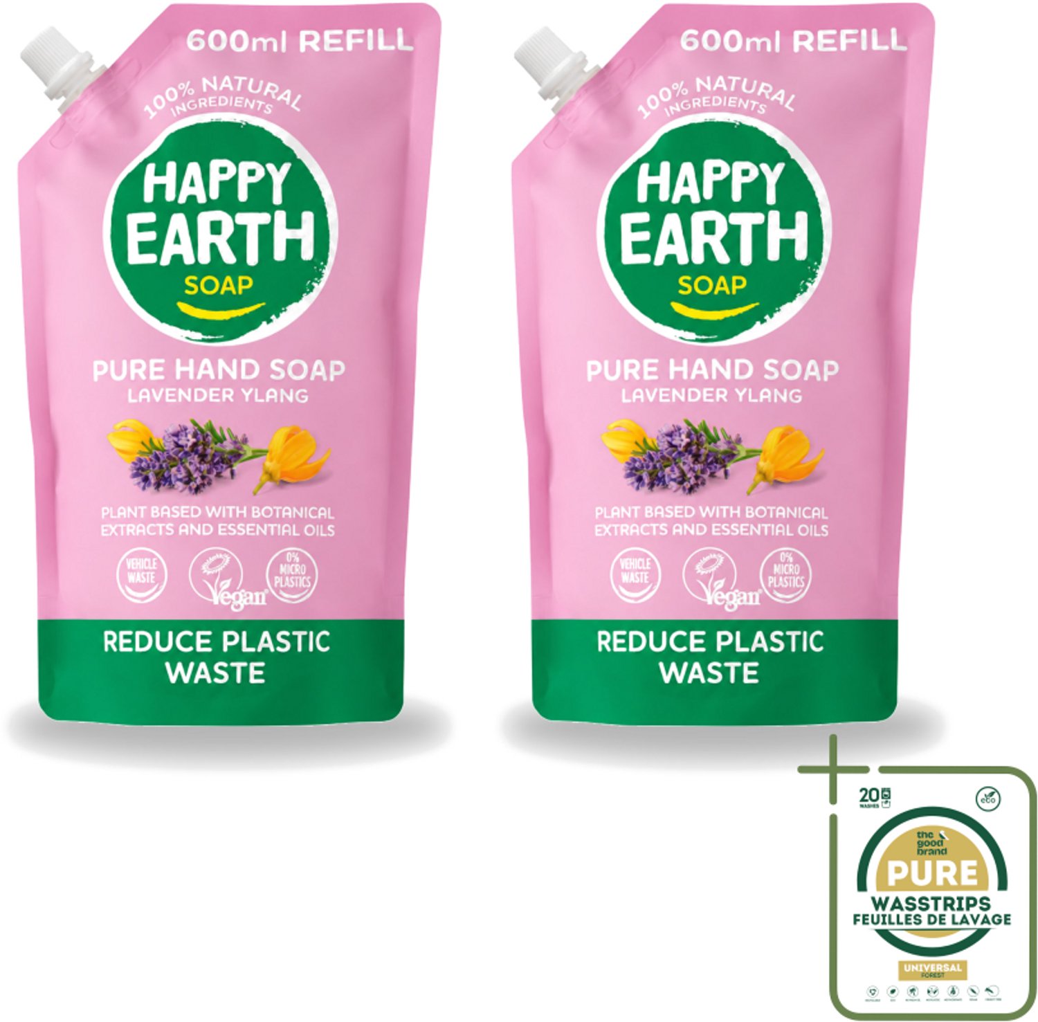 2 x Happy Earth – Handzeep Navulling – 100% Natuurlijk Lavender Ylang – 600 ml - Wasstrips - Handzeep Navulling - Natuurlijke Handzeep - Vegan Handzeep - Lavendel Handzeep - Ylang Handzeep