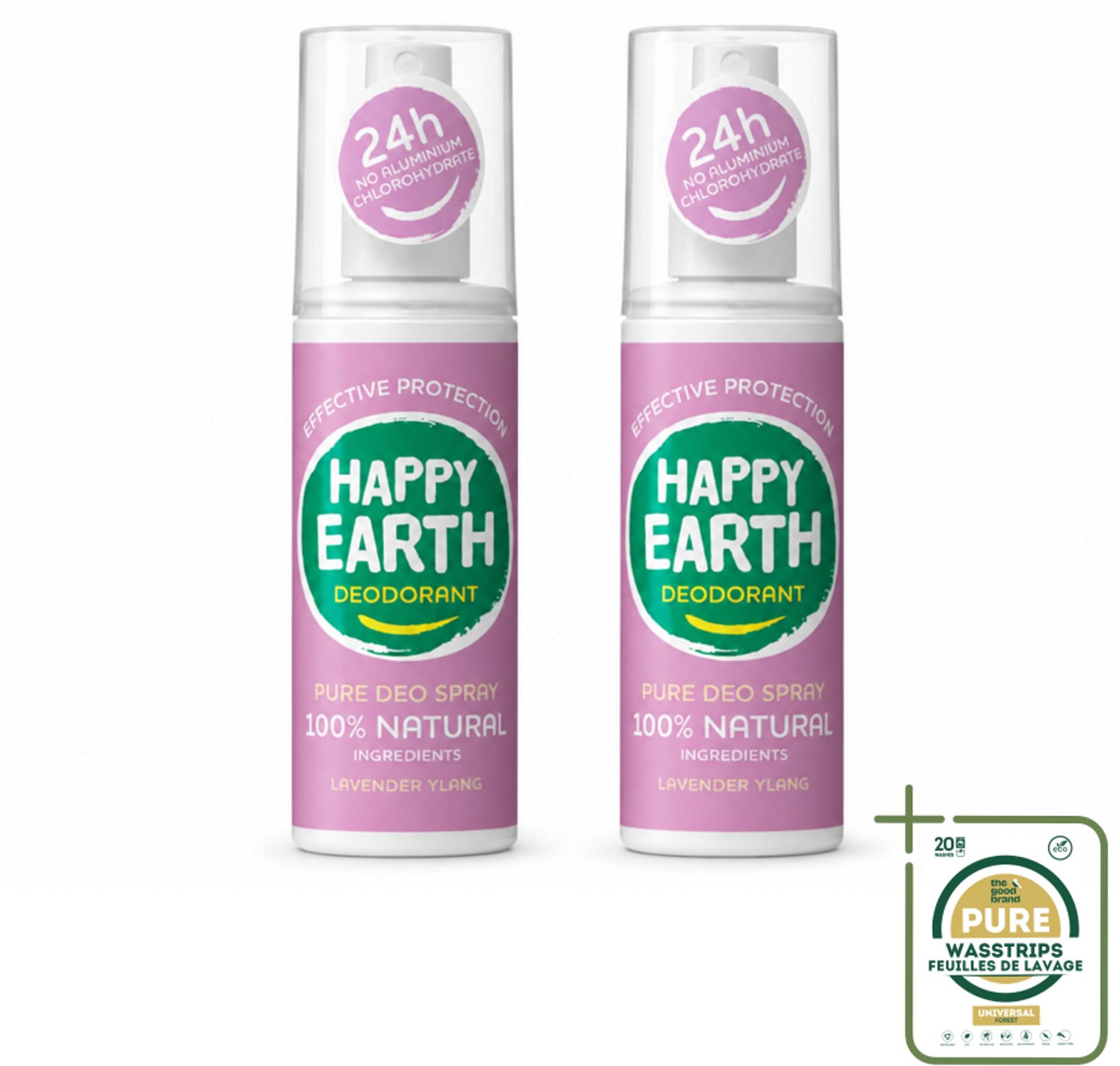 2 x Happy Earth – Deodorant Spray – 100% Natuurlijk Lavender Ylang – 100 ml - Wasstrips - Deodorant Spray - Natuurlijke Deodorant - Lavendel Geur - Ylang-ylang Geur - Huidvriendelijk